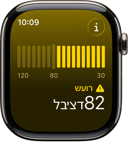 היישום ״רעש״ מציג מד רעש ורמת רעש סביבתי של 89 דציבלים, עם והמילה ״חזק״ מעל.