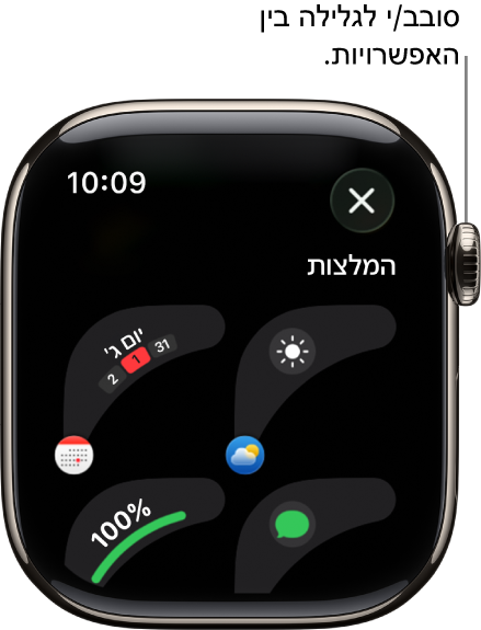מסך ההתאמה האישית עבור עיצוב שעון מציג את התצוגות שנבחרו. סובב/י את ה‑Digital Crown כדי לדפדף בין התצוגות.