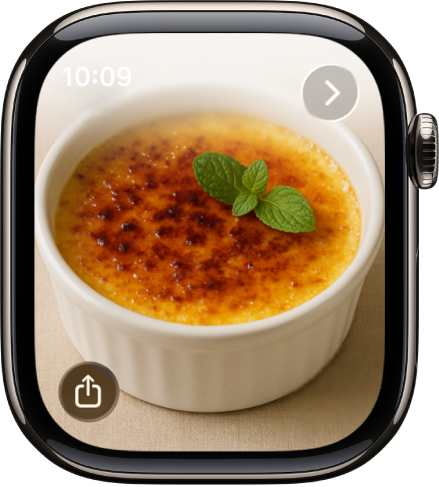 בעת צפייה בתמונה, סובב/י את ה‑Digital Crown כדי להגדיל/להקטין, גרור/י כדי לגלול או הקש/י פעמיים כדי לעבור בין צפייה בתמונה כולה לבין מילוי המסך. החלק/י שמאלה או ימינה כדי לראות את התמונה הבאה. מימין למטה נמצא כפתור השיתוף.