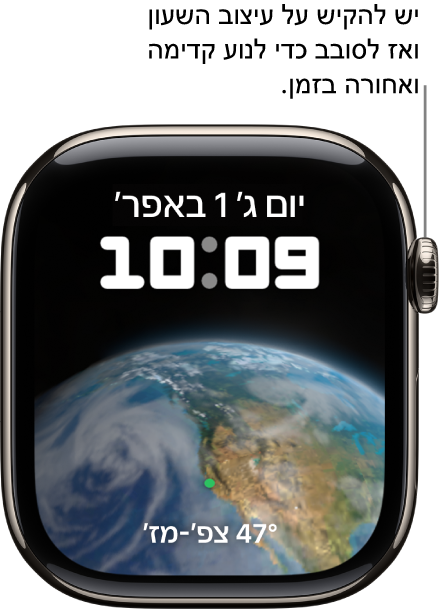 עיצוב השעון ״אסטרונומיה״ המציג את היום, התאריך והשעה הנוכחית. תצוגת ״ספירה לאחור״ נמצאת בתחתית. יש להקיש על עיצוב השעון ולסובב את ה‑Digital Crown כדי לנוע קדימה או אחורה בזמן.