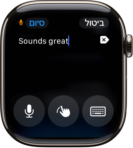 מסך שדה המילים מציג הודעה בחלק העליון של המסך. הכפתורים ״מקלדת על המסך״, ״כתב יד״ ו״הכתבה״ נמצאים בחלק התחתון של המסך.