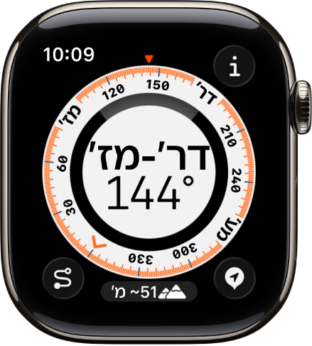 ניתן לראות את היישום ״מצפן״ עם חוגה ומחט מצפן במרכז, נקודת ציון שמיוצגת על-ידי נקודה בטבעת הפנימית, ונקודות מצפן בטבעת החיצונית. הכפתור ״מידע״ מופיע למעלה משמאל, הכפתור ״נקודות ציון״ מופיע למטה משמאל, הכפתור ״גובה״ נמצא למטה במרכז והכפתור ״שחזור צעדים״ נמצא למטה מימין.