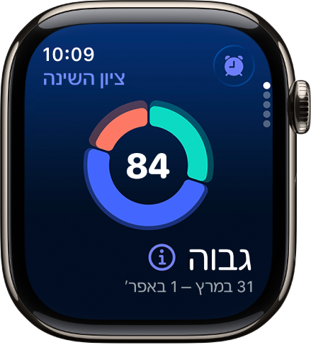 מסך ״ציון השינה״ מציג את הציון שהתקבל במרכז המסך. דירוג ומשך השינה מופיעים בפינה הימנית התחתונה של המסך.
