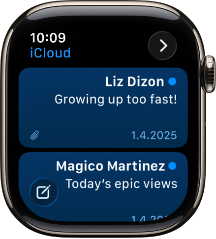 תיבת דואר נכנס ביישום ״דואר״ המציגה שתי הודעות דוא״ל. הכפתור ״אחורה״ נמצא בפינה העליונה-שמאלית והכפתור ״יצירת הודעה״ בפינה התחתונה-ימנית.