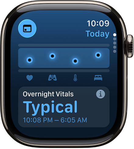 A Vitális jelek app képernyője, amelyen alvás közben rögzített egészségügyi mérőszámok láthatók.