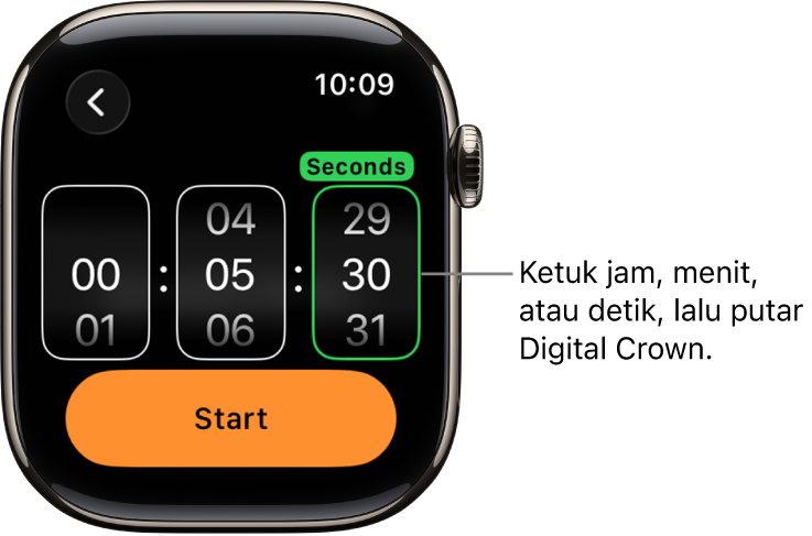 Pengaturan untuk membuat timer khusus, dengan jam di sebelah kiri, menit di sebelah tengah, dan detik di sebelah kanan. Tombol Mulai terdapat di bawah.
