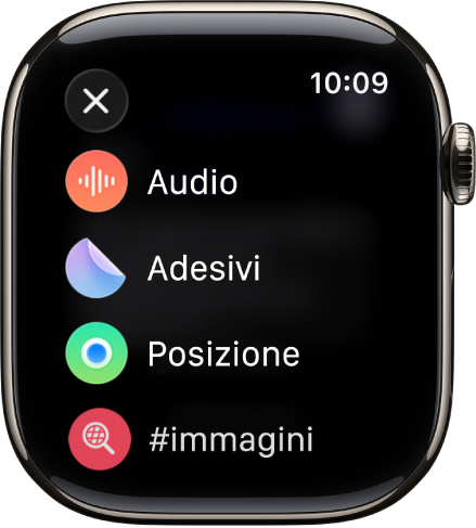 Una schermata di messaggi con le diverse opzioni per gli allegati, come gli audio, gli adesivi, la posizione e le immagini.