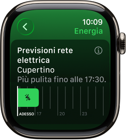 La schermata “Previsioni rete elettrica” che mostra come l’energia più pulita sia disponibile fino alle 17:30.