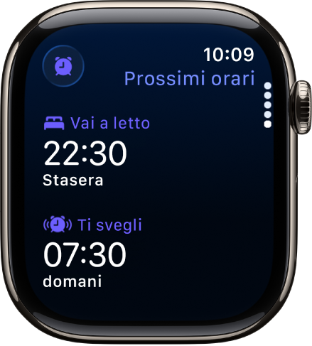 L’app Sonno su Apple Watch con gli orari prestabiliti per andare a letto. L’ora di coricarsi viene visualizzata in alto e l’orario della sveglia si trova al di sotto.