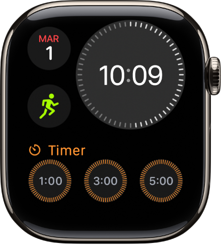 Il quadrante Modulare compatto, con un orologio digitale in alto a destra, la data e l’ora in alto a sinistra e due complicazioni: Allenamento, al centro a sinistra, e Stato d’animo, in basso.