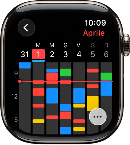 L’app Calendario con gli eventi della settimana. Ciascun evento ha un colore specifico, a seconda del calendario a cui appartiene. In alto a destra sono visibili il nome dell’evento e il mese, mentre sopra sono presenti i giorni e le diverse date. Gli eventi giornalieri sono contrassegnati con una barra sotto a ciascuna data. La linea posizionata in corrispondenza della settimana indica l’orario attuale. In basso a destra è visibile il pulsante Altro.
