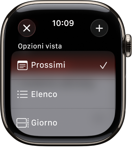 Una schermata di Calendario con le opzioni di visualizzazione “Prossimi eventi”, Elenco e Giorno. Il pulsante Aggiungi è in alto a destra.