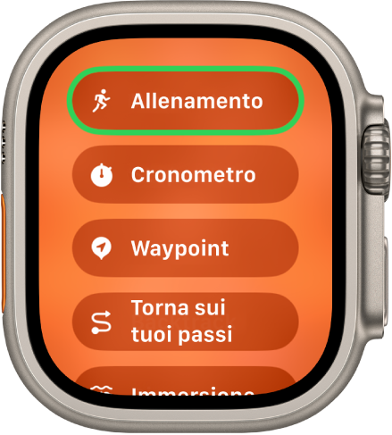 La schermata di scambio rapido che mostra le azioni che possono essere assegnate al tasto Azione, come Allenamento, Cronometro e Waypoint.