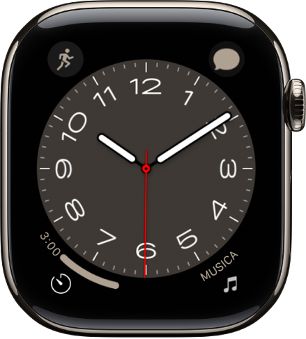 Il quadrante Metropolitano, dove puoi ruota la Digital Crown per modificare l’aspetto dei caratteri. Vengono mostrate quattro complicazioni: Allenamento, in alto a sinistra, Musica, in alto a destra, Timer, in basso a sinistra, e la data in basso a destra.