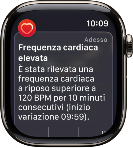 Una notifica sul battito cardiaco che indica una frequenza elevata.