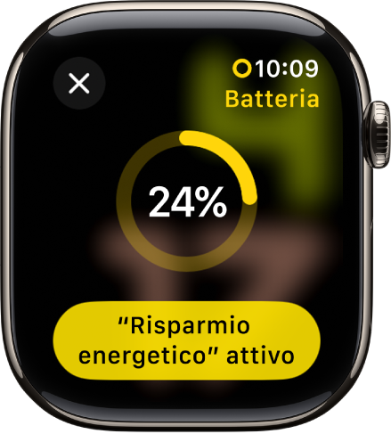 La schermata di “Risparmio energetico” con un anello giallo non completo che indica la carica rimanente. In basso è presente il pulsante “Risparmio energetico”.