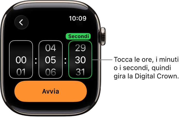 Impostazioni per la creazione di un timer personalizzato, con l’ora a sinistra, i minuti al centro e i secondi a destra. Il pulsante di avvio del timer è sotto.