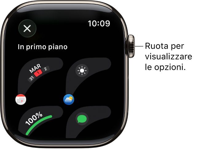 La schermata di personalizzazione con le complicazioni specifiche per quel tipo di quadrante. Ruota la Digital Crown per sfogliare le complicazioni.