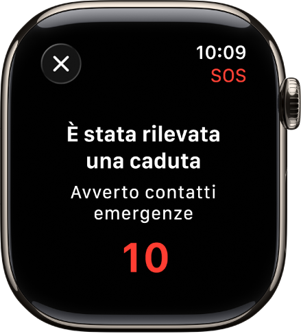 Una schermata che mostra il messaggio “È stata rilevata una caduta” e il conto alla rovescia per inviare una notifica ai contatti di emergenza.