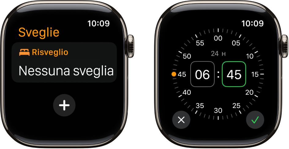 Due schermate dell’orologio che mostrano il processo di aggiunta di una sveglia: tocca “Aggiungi sveglia”, tocca AM o PM, gira la Digital Crown per regolare l’ora, quindi tocca il pulsante con il segno di spunta.