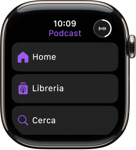 L’app Podcast con i pulsanti Home, Libreria e Cerca.