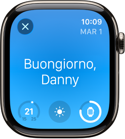 Apple Watch che mostra la schermata di risveglio. Viene mostrato il messaggio Buongiorno in alto. Sotto, sono visibili la temperatura, le condizioni meteo e il livello della batteria.