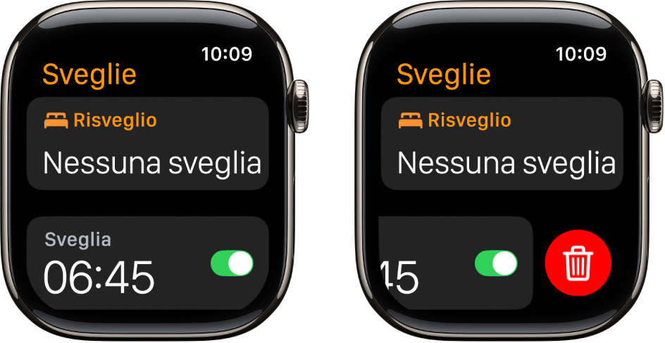 Due schermate dell’orologio che mostrano il processo di eliminazione di una sveglia.