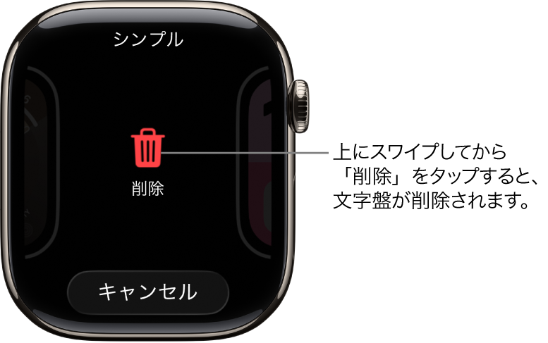 「削除」ボタンと「キャンセル」ボタンが表示されているApple Watchの画面。これらのボタンは、いずれかの文字盤までスワイプしてから、削除するために上にスワイプしたときに表示されます。
