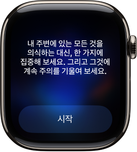 성찰할 수 있는 내용이 표시된 마음 챙기기 앱. 아래에 시작 버튼이 있음.