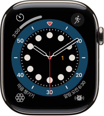 카운트업 시계 페이스. 시계 페이스에 표시된 네 개의 컴플리케이션으로 왼쪽 상단에 운동, 오른쪽 상단에 메시지, 왼쪽 하단에 마음 챙기기, 오른쪽 하단에 음악이 있음.