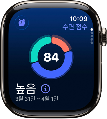 화면 중앙에 점수가 표시된 수면 점수 화면. 화면 왼쪽 하단에 평가 및 수면 시간이 표시됨.