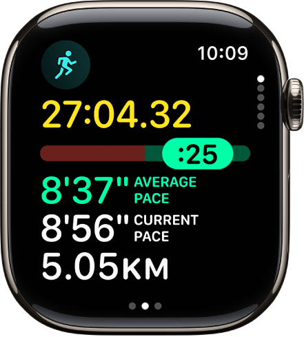 „Apple Watch“ programoje „Workout“ rodoma treniruotės „Outdoor Run“ rodinys „Pacer“. Viršuje yra bėgimo trukmė. Žemiau yra slankiklis, nurodantis, ar bėgate greičiau, ar lėčiau nei tikslinis greitis Dar žemiau yra parinktys „Average Pace“, „Current Pace“ ir atstumas.