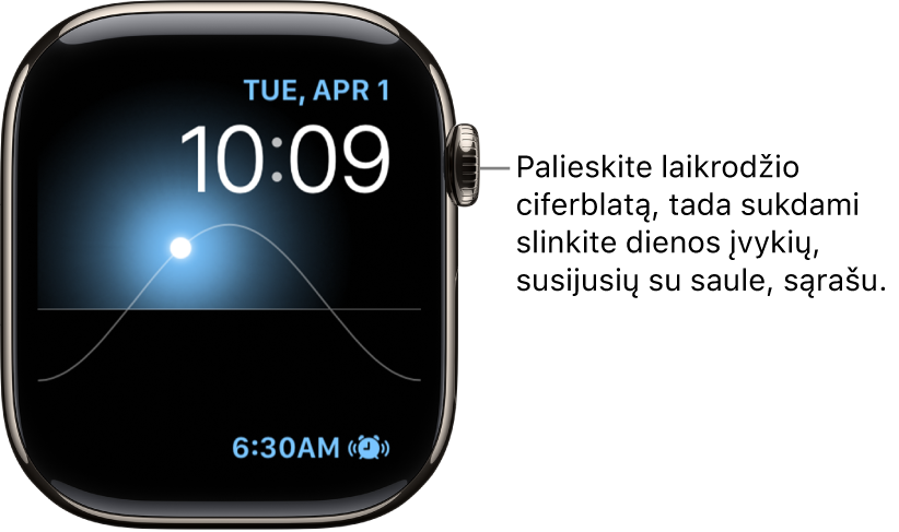 Laikrodžio ciferblate „Solar Graph“ rodomi diena, data ir esamas laikas – šių parinkčių koreguoti negalima. „Timer“ valdiklis rodomas viršuje dešinėje. Palieskite laikrodžio ciferblatą, tada pasukdami „Digital Crown“ galite keisti saulės padėtį danguje ir nustatyti sutemas, aušrą, zenitą, saulėlydį ir tamsą.