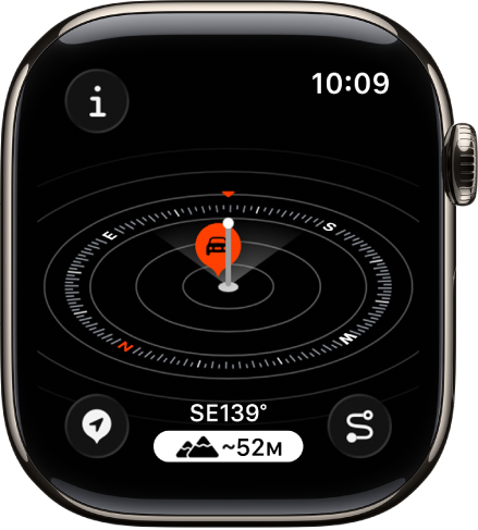 Lietotnē Compass ir redzams skats Elevation. Sasvērtā ripā ir attēlota pieturvieta. Baltais stabiņš norāda pašreizējo augstumu; tas ir augstāks par citām uz ripas esošajām pieturvietām. Poga Info ir augšējā kreisajā stūrī, poga Waypoints apakšējā kreisajā stūrī, poga Elevation ir apakšā pa vidu un poga Backtrack ir apakšējā labajā stūrī.