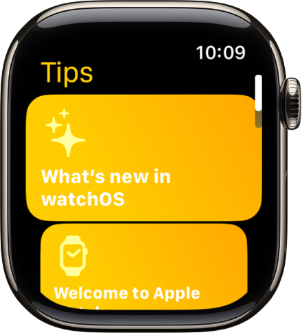 Lietotnē TIPS redzama padomu kolekcija, piemēram, Welcome to Apple Watch.
