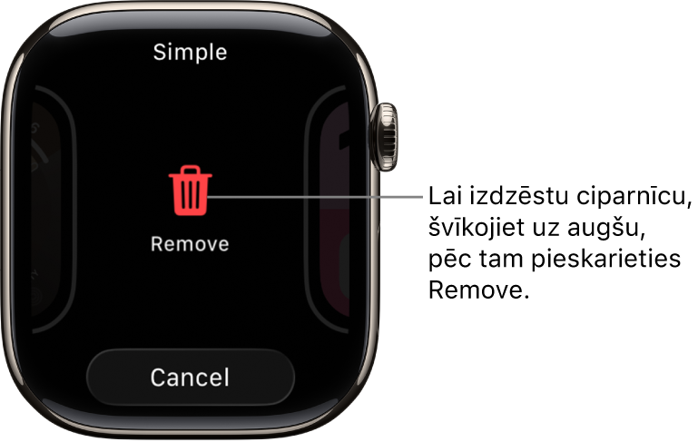 Apple Watch ekrāns, kurā ir redzamas pogas Remove un Cancel. Tās tiek rādītas, kad švīkojat līdz ciparnīcai un pēc tam švīkojat uz augšu, lai to izdzēstu.
