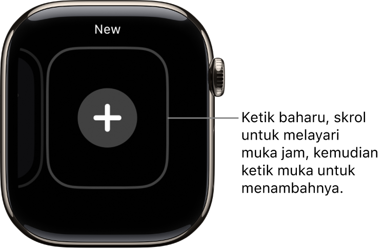 Skrin muka jam baharu, dengan butang tambah di bahagian tengah. Ketik untuk menambah muka jam baharu.