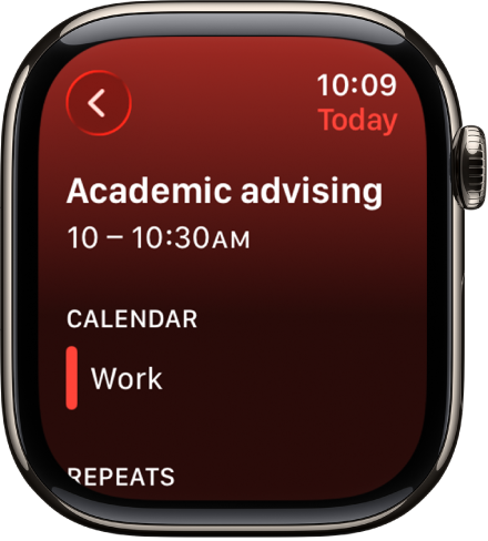 Een Agenda-scherm waarin een nieuwe activiteit wordt weergegeven. De naam van de activiteit wordt bovenin weergegeven, met daaronder de tijd van de activiteit. Onder 'Agenda' staan de datum van de activiteit en de naam van de agenda waaronder de activiteit valt.