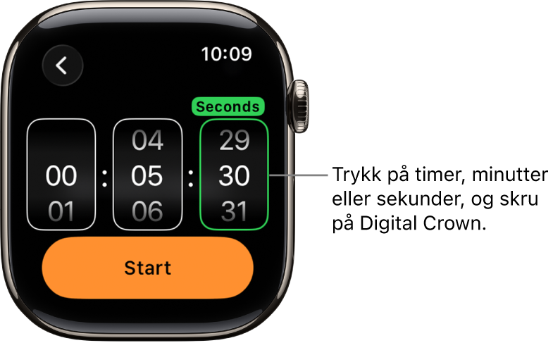 Innstillinger for en tilpasset nedtelling, med timer til venstre, minutter i midten og sekunder til høyre. Startknappen er under.