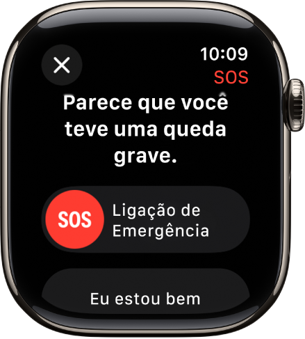 A tela Detecção de Queda mostrando o botão deslizante de SOS para iniciar uma ligação de emergência e o botão “Eu estou bem”.