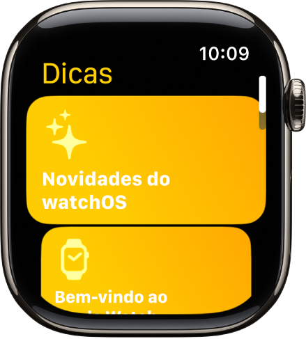 App Dicas mostrando uma coleção de dicas, como Conheça o Apple Watch.