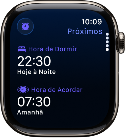 App Sono no Apple Watch mostrando os horários de sono da noite. Hora de Dormir aparece na parte superior e Hora de Acordar está abaixo.