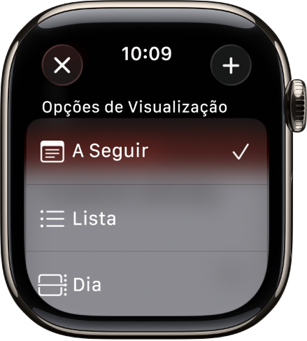 Tela do Calendário mostrando Opções de Visualização: A Seguir, Lista e Dia. O botão Adicionar está na parte superior direita.