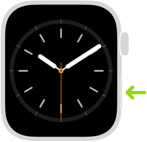 Uma ilustração do Apple Watch com uma seta a apontar para o botão lateral, em baixo, à direita.
