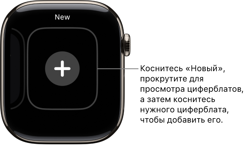 Экран нового циферблата. В центре отображается кнопка «+». Коснитесь, чтобы добавить новый циферблат.