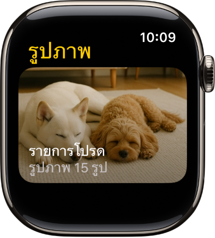 แอปรูปภาพบน Apple Watch ที่แสดงอัลบั้มที่ชื่อว่ารายการโปรด