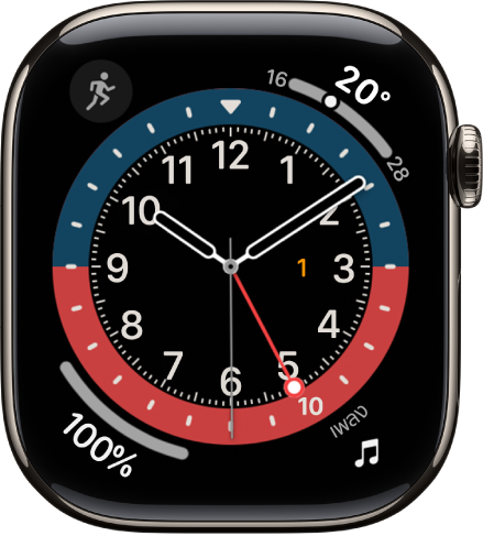 หน้าปัดนาฬิกา GMT ซึ่งคุณสามารถปรับเปลี่ยนสีของหน้าปัดได้ โดยแสดงกลไกหน้าปัดทั้งหมดสี่กลไก: ออกกำลังกายที่ด้านซ้ายบนสุด แปลภาษาที่ด้านขวาบนสุด ข้อความที่ด้านซ้ายล่างสุด และเพลงที่ด้านขวาล่างสุด