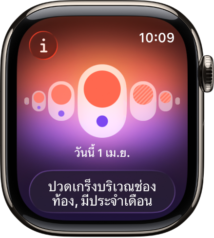 หน้าจอในแอปติดตามรอบเดือนซึ่งแสดงบันทึกประจำเดือนที่บันทึกไว้พร้อมอาการที่บันทึกไว้ที่ด้านล่างสุดของหน้าจอ