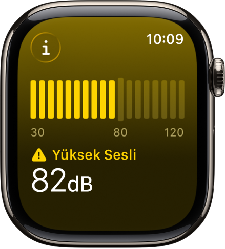 Gürültü uygulaması, bir ses ölçeri ve 89 desibel ses düzeyi ile üst tarafında “Yüksek Sesli” ifadesini gösteriyor.