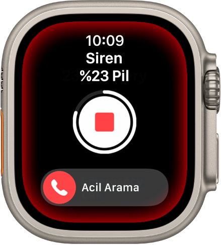 Siren geri sayıyor. Üst tarafta pil şarjı, ortada Çal düğmesi ve en altta Acil Arama sürgüsü var.
